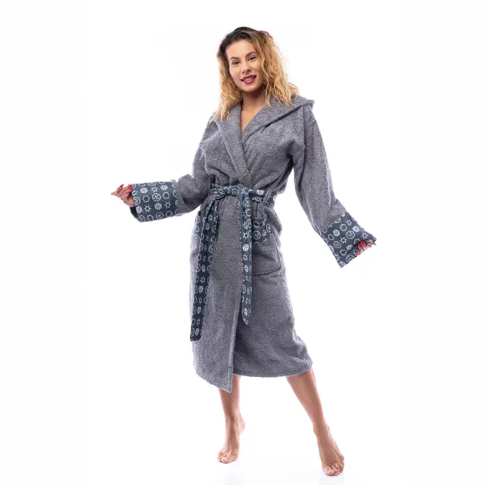 Халат букле MS печат - Сив - дамски - 2524 - Халат букле MS печат - Сив - дамски - 2524