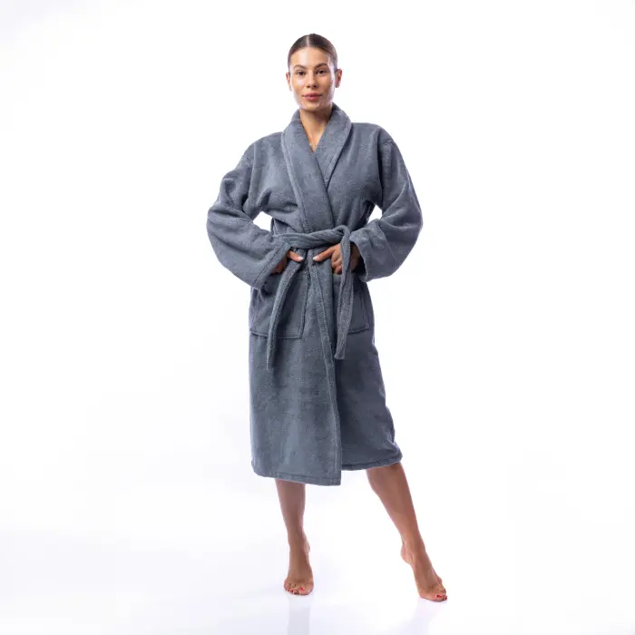 Халат Едноцветен Шал Яка - Сив - дамски - 1704 - Халат Едноцветен Шал Яка - Сив - дамски - 1704