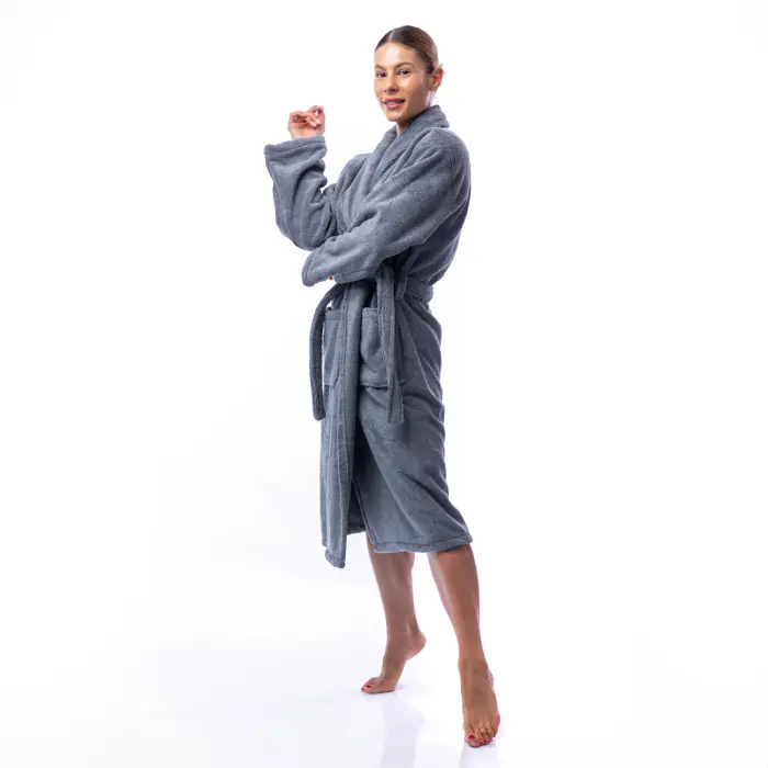 Халат Едноцветен Шал Яка - Сив - дамски - 1705 - Халат Едноцветен Шал Яка - Сив - дамски - 1705