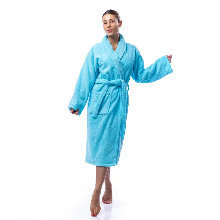 Халат Едноцветен Шал Яка - Светло син - дамски - 1702 - Халат Едноцветен Шал Яка - Светло син - дамски - 1702