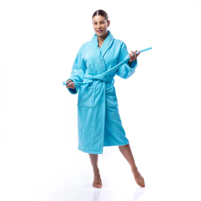 Халат Едноцветен Шал Яка - Светло син - дамски - 1703 - Халат Едноцветен Шал Яка - Светло син - дамски - 1703