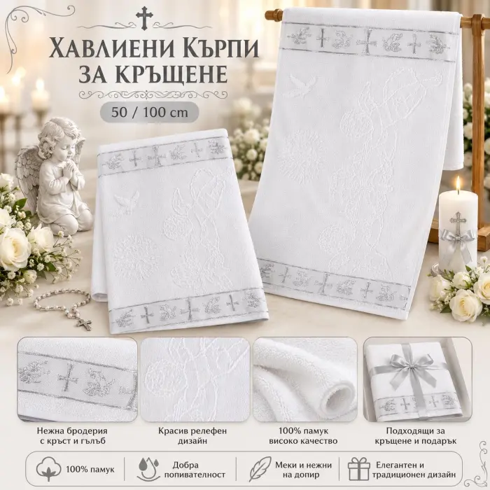 Кърпа за Кръщение с втъкани сребърни нишки - 4051 - Кърпа за Кръщение с втъкани сребърни нишки - 4051