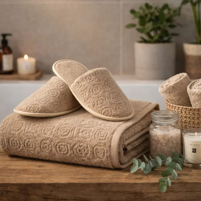 Комплект хавлия за баня с чехли "Жакард-MS" - бежово - 3781 - Комплект хавлия за баня с чехли "Жакард-MS" - бежово - 3781