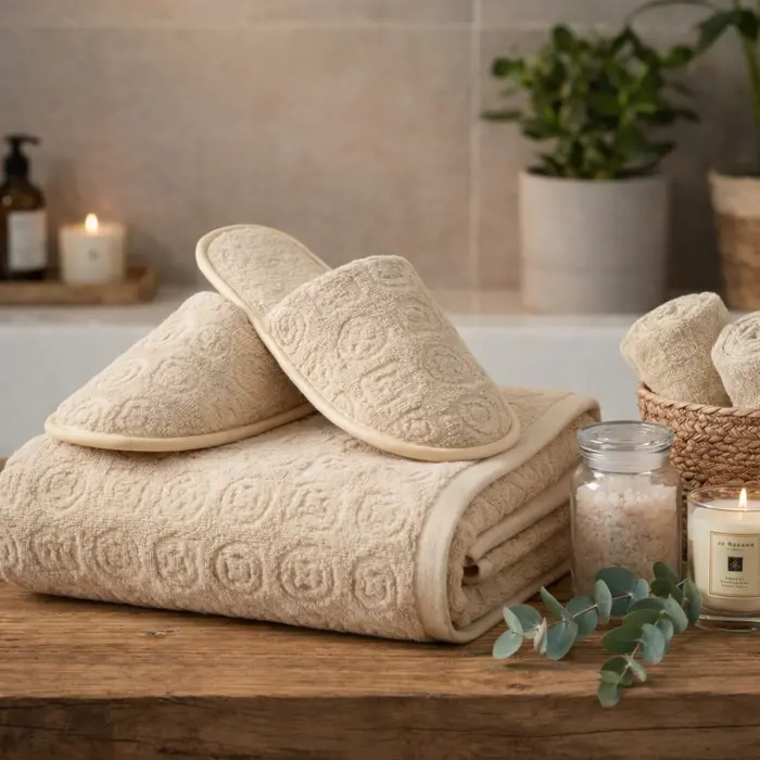 Комплект хавлия за баня с чехли "Жакард-MS" - капучино - 3779 - Комплект хавлия за баня с чехли "Жакард-MS" - капучино - 3779