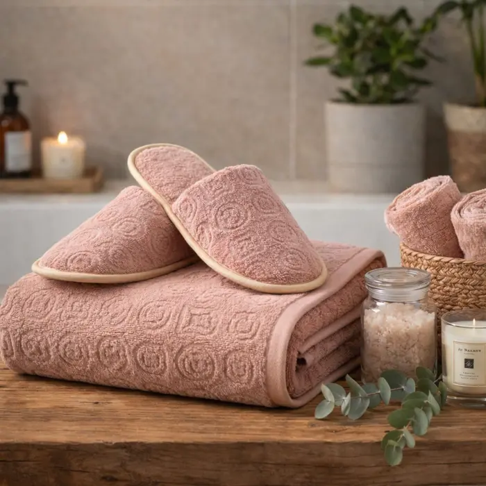 Комплект хавлия за баня с чехли "Жакард-MS" - пепел рози - 3783 - Комплект хавлия за баня с чехли "Жакард-MS" - пепел рози - 3783