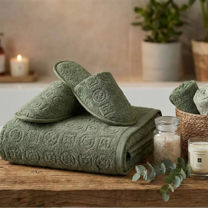 Комплект хавлия за баня с чехли "Жакард-MS" - тъмно зелено - 3785 - Комплект хавлия за баня с чехли "Жакард-MS" - тъмно зелено - 3785