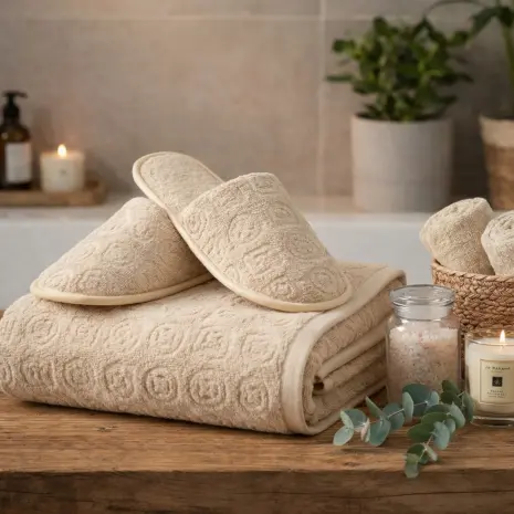 Комплект хавлия за баня с чехли "Жакард-MS" - капучино