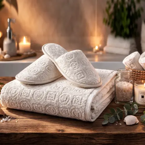 Комплект хавлия за баня с чехли "Жакард-MS" - крем