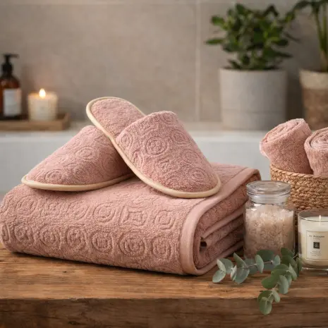 Комплект хавлия за баня с чехли "Жакард-MS" - пепел рози