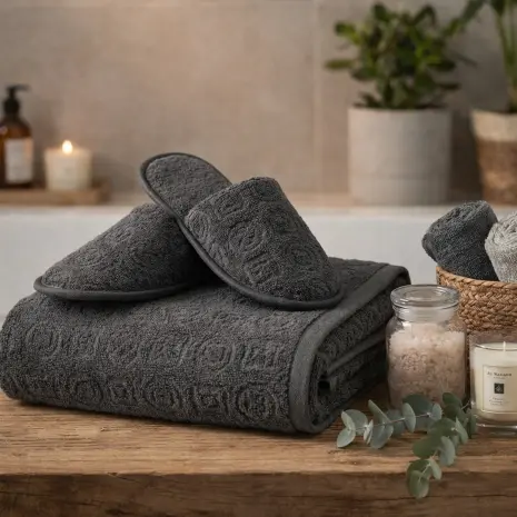 Комплект хавлия за баня с чехли "Жакард-MS" - тъмно сиво