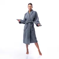 Халат Едноцветен Шал Яка - Сив - дамски - 1706 | Халат Едноцветен Шал Яка - Сив - дамски - 1706