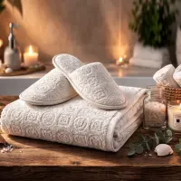 Комплект хавлия за баня с чехли "Жакард-MS" - крем - Комплект хавлия за баня с чехли "Жакард-MS" - крем